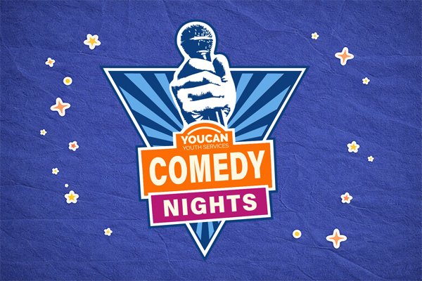 YOUCAN Comedy nights logo on a blue paper texture background